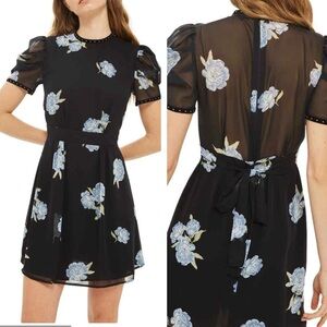 Topshop Dress Black Blue Floral Sheer Zip Back Tie Waist Puff Sleeves. NWT